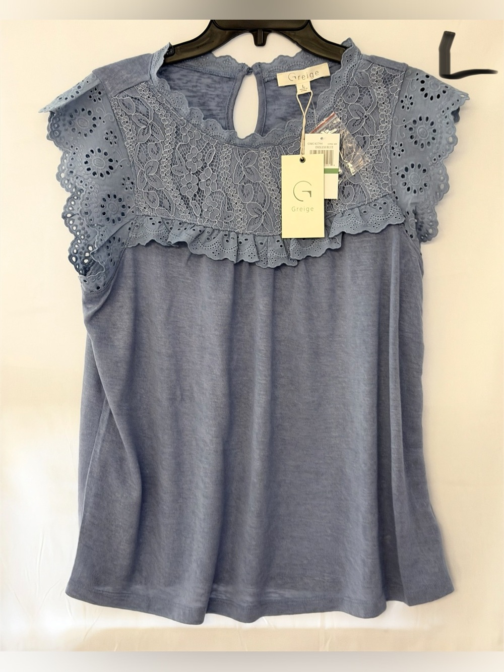 Greige Light Blue Lace-Yoke Cap Sleeve Camisole
